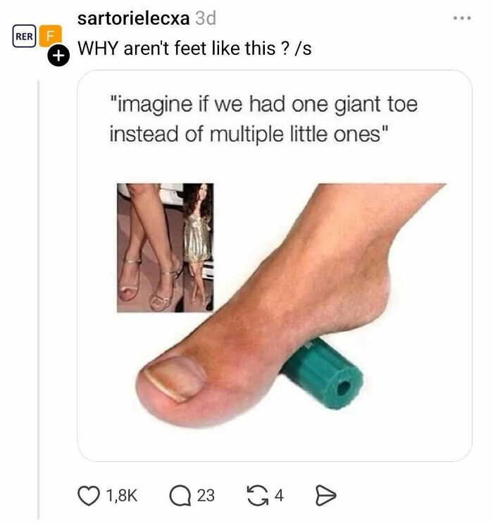 Foot with one giant toe instead of multiple toes meme