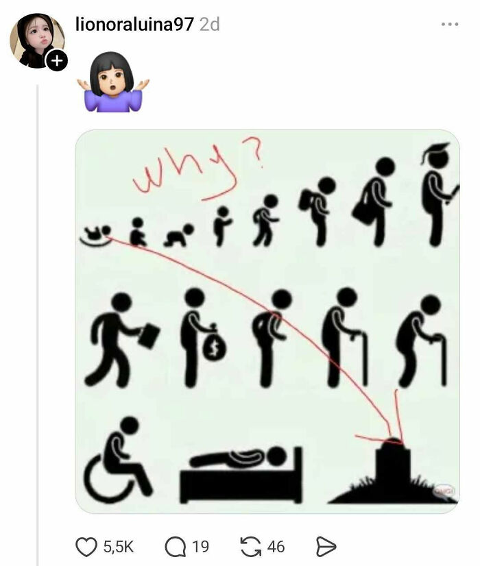 Life stages illustration questioning purpose with arrow to grave