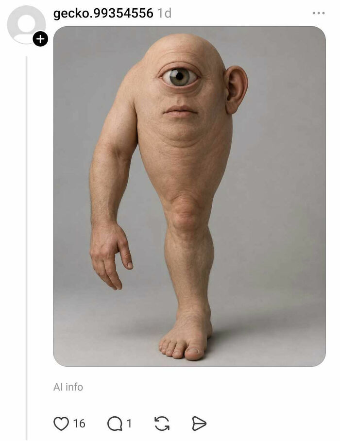 Surreal human form with one eye, one arm, and one leg on plain background