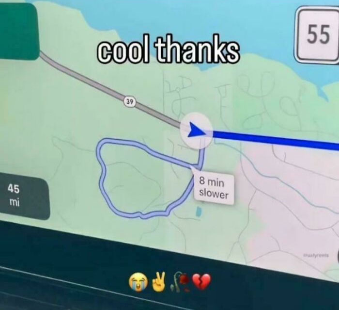 GPS map showing slower detour route with sarcastic text