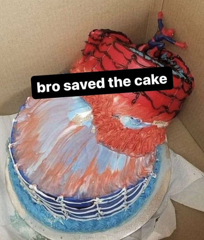 Funny cake decorated as Spider-Man with text about saving the cake