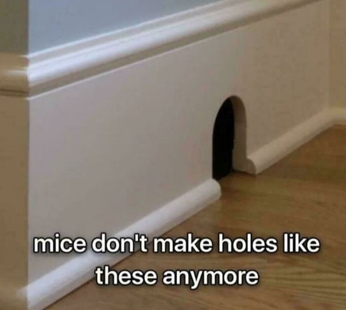 Humorous screenshot of a mouse hole shaped in a house baseboard