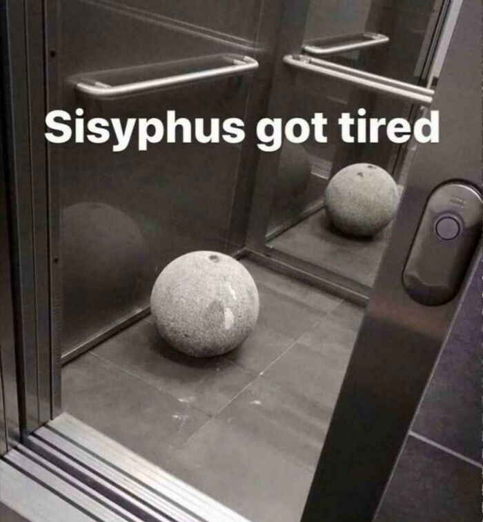 Bizarre screenshot of a large stone ball in elevator with Sisyphus got tired text