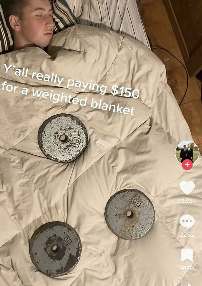 Comical screenshot showing weights placed on a blanket as a DIY weighted blanket