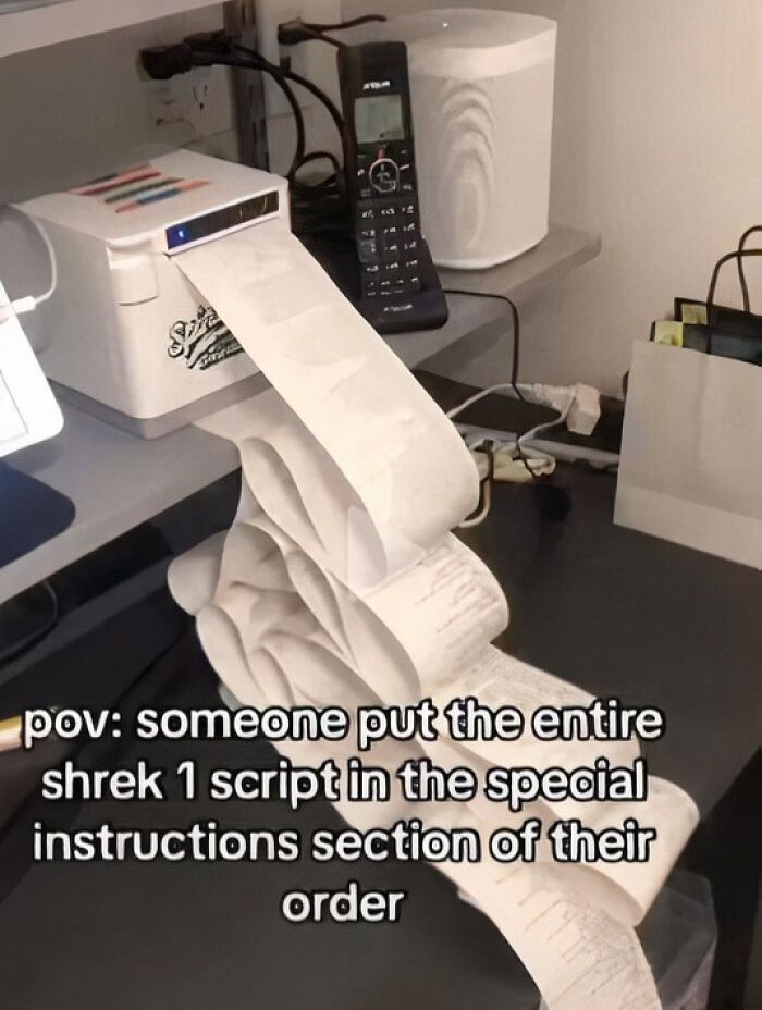 Hilarious screenshot of a long receipt with Shrek script printed on it