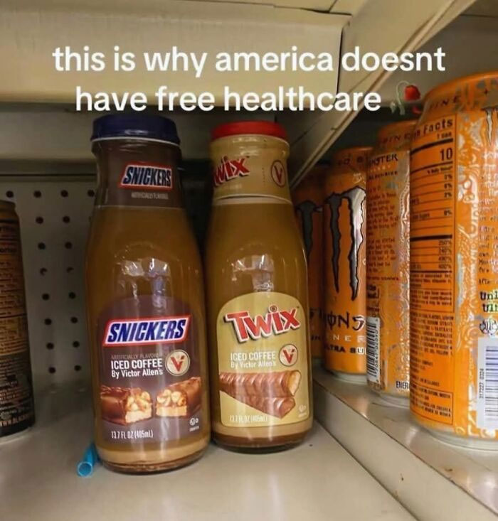 Funny iced coffee bottles labeled Snickers and Twix with text on free healthcare