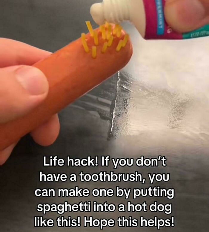 Funny life hack screenshot showing spaghetti inserted into a hot dog as a toothbrush