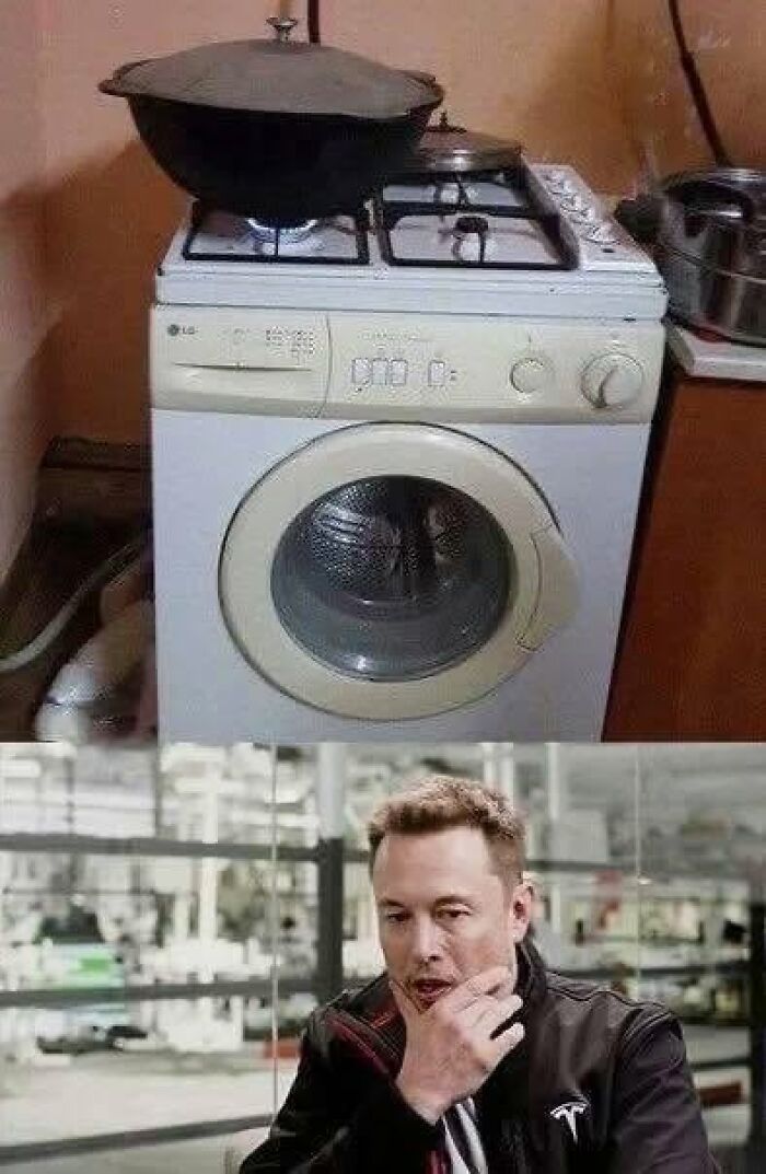 A washing machine repurposed as a stove, demonstrating unusual Slavic science, with Elon Musk looking perplexed.