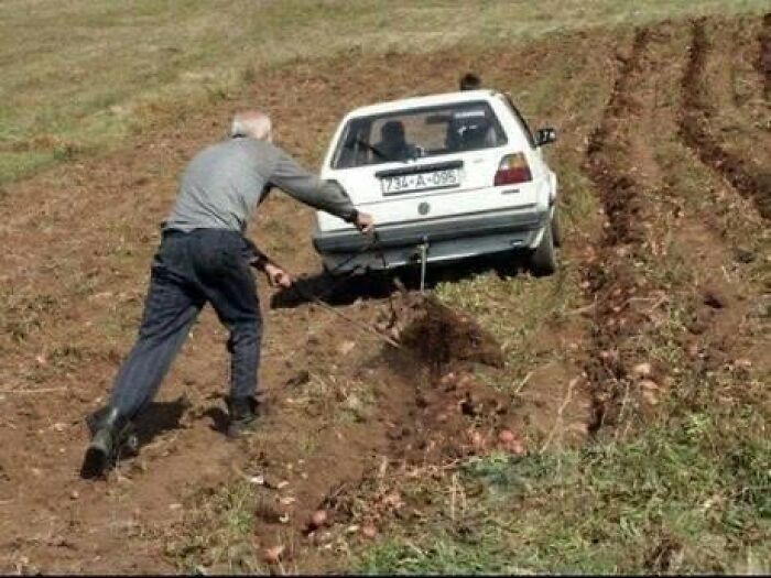 A man pulling a car through a field of potatoes with a rope, illustrating a unique example of Slavic science.