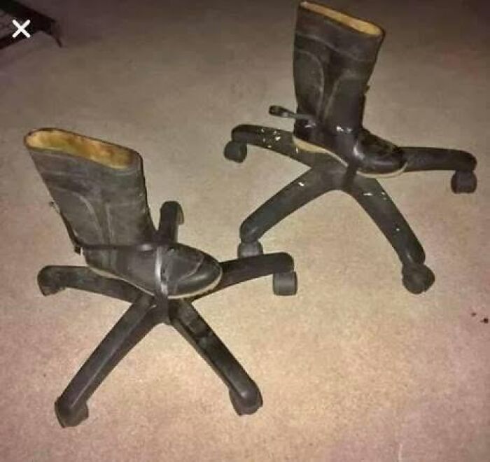 An example of Slavic science: two office chair bases with rubber boots serving as seats, a peculiar seating innovation.