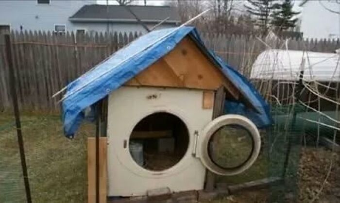 An example of Slavic science: a chicken coop made from a washing machine and a blue tarp, showcasing unique engineering.