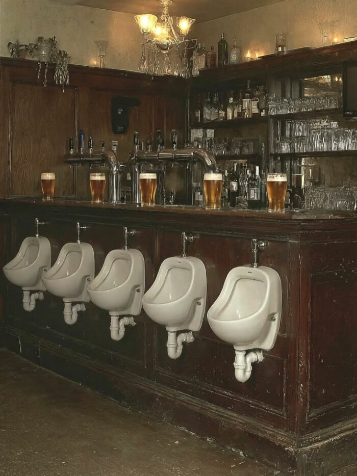 A bar with urinals lined up where the bar stools should be, making it one of the great photos from the Internet.