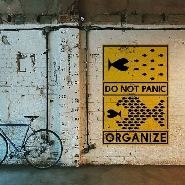 A wall with a bicycle leaning against it, next to a sign that says DO NOT PANIC ORGANIZE with fish illustrations, a great photo.