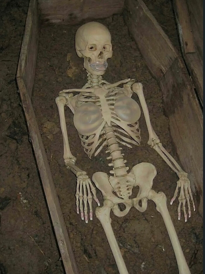 A skeleton with breasts lying in a wooden coffin, a great photo that became a legend of the internet.