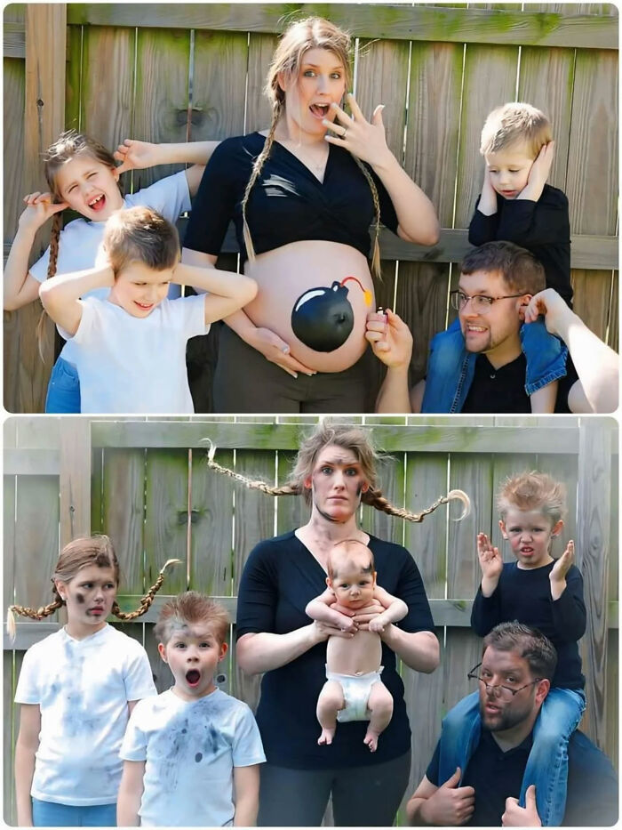 Before-and-after photos of a family, initially with a pregnant mom as a b**b and then post-baby looking disheveled, a great internet legend.