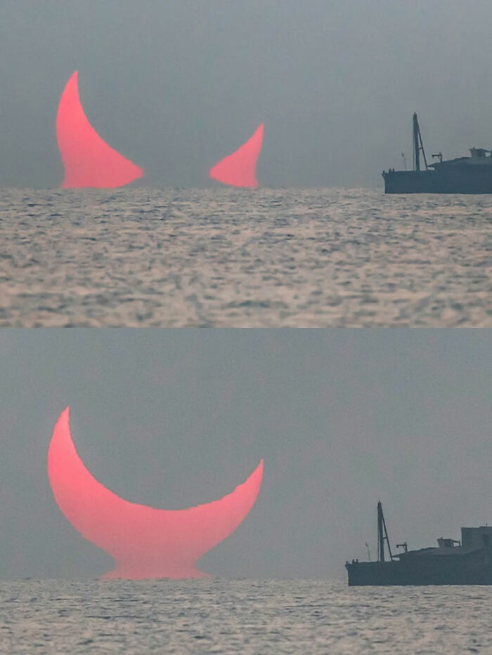 Two images of a red, crescent-shaped sun over the ocean next to a ship, great photos and legends of the internet.