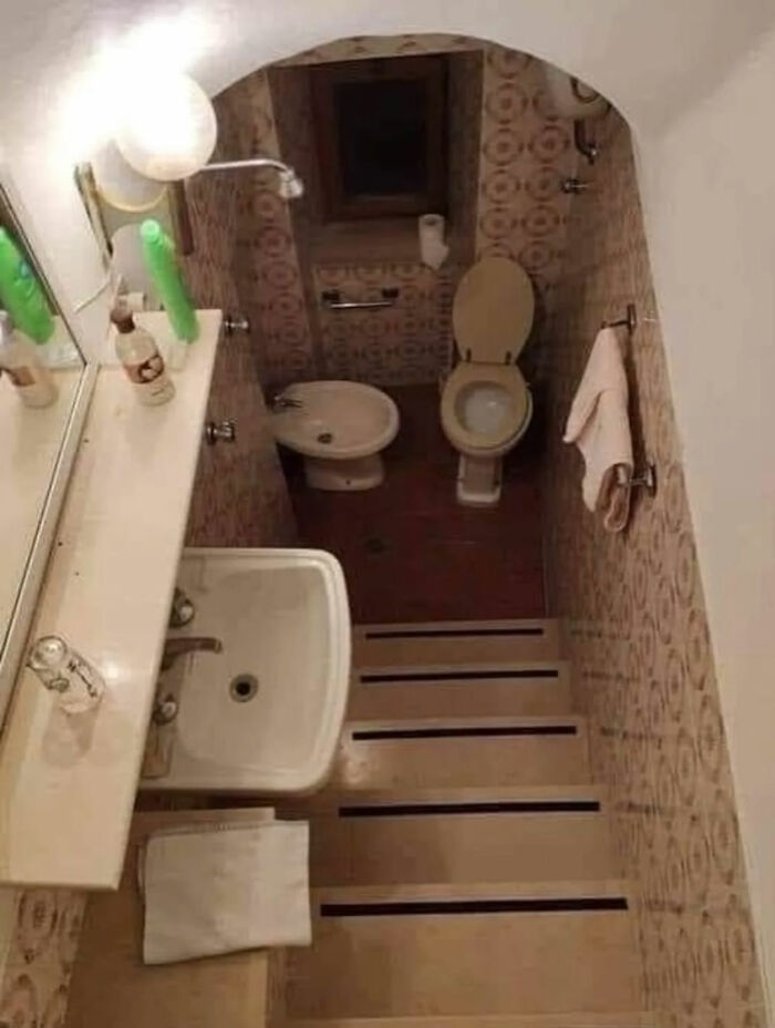 A narrow bathroom with stairs leading down to a toilet and bidet, part of great internet photos.