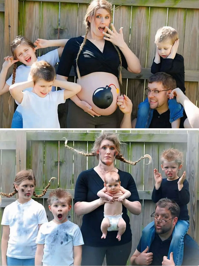 Before-and-after photos of a family, initially with a pregnant mom as a b**b and then post-baby looking disheveled, a great internet legend.