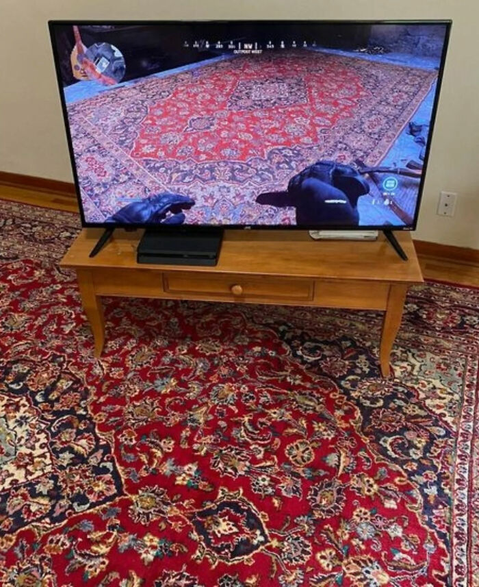 A TV screen displays a video game featuring a player's hands over a detailed red rug, which is also on the floor. Legends of the Internet.