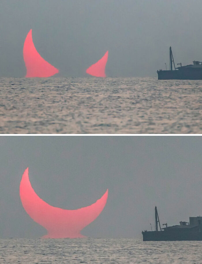 Two images of a red, crescent-shaped sun over the ocean next to a ship, great photos and legends of the internet.
