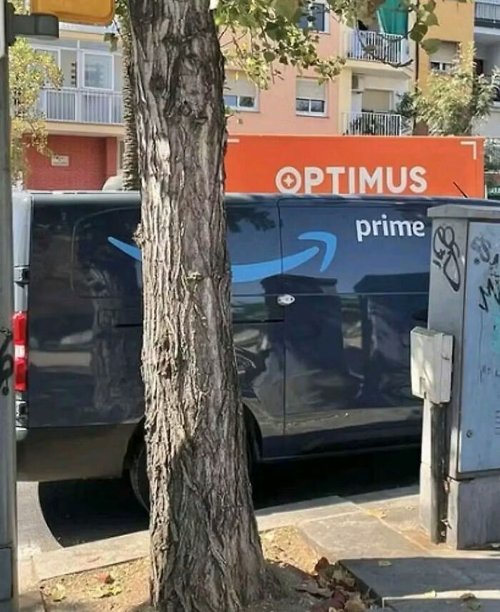 An Amazon Prime van is partially obscured by a tree, with an Optimus sign in the background, one of the great photos that became Internet legends.