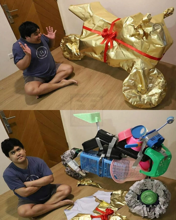 A man reacting to a large motorcycle-shaped gift, then looking disappointed as it's revealed to be made of household items, a great photo.