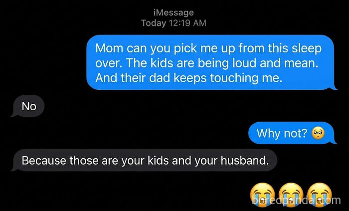 A blursed meme of a text message conversation where a daughter asks her mom to pick her up from a sleepover, only to be told it's her own family.