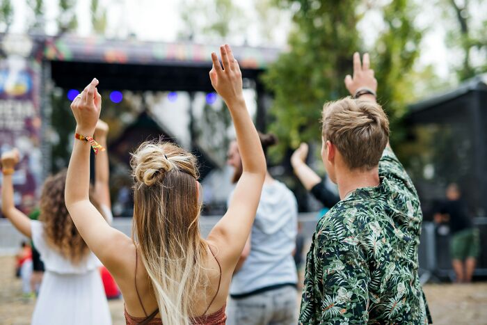 People raising hands at outdoor music festival