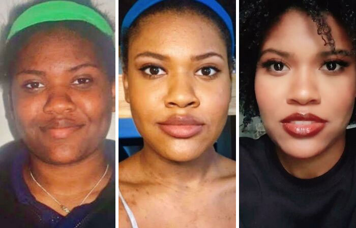 Three images of a woman's evolving look, emphasizing her stunning transformation for school reunions.