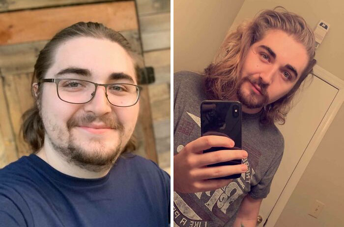 A man's before-and-after photos, showcasing a significant hair and style change for school reunions.