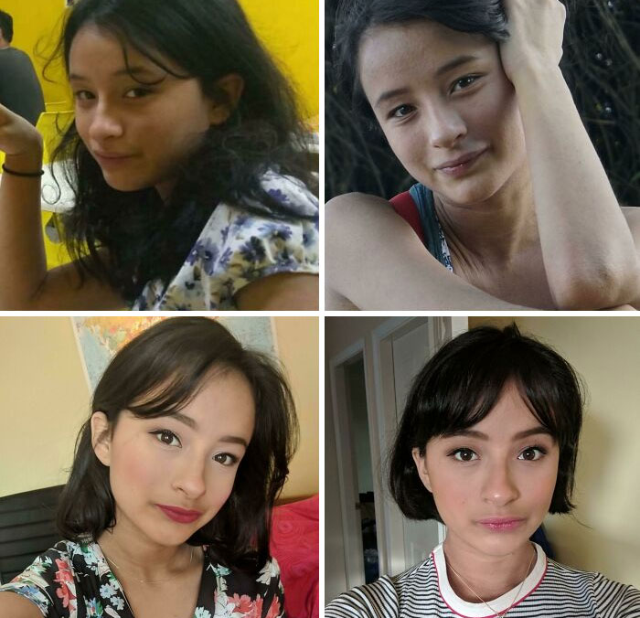 Four photos of a woman's changing appearance, exemplifying people who left everyone speechless at reunions.