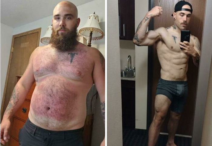 Man before and after weight loss, flexing his muscles at a reunion, leaving people speechless.
