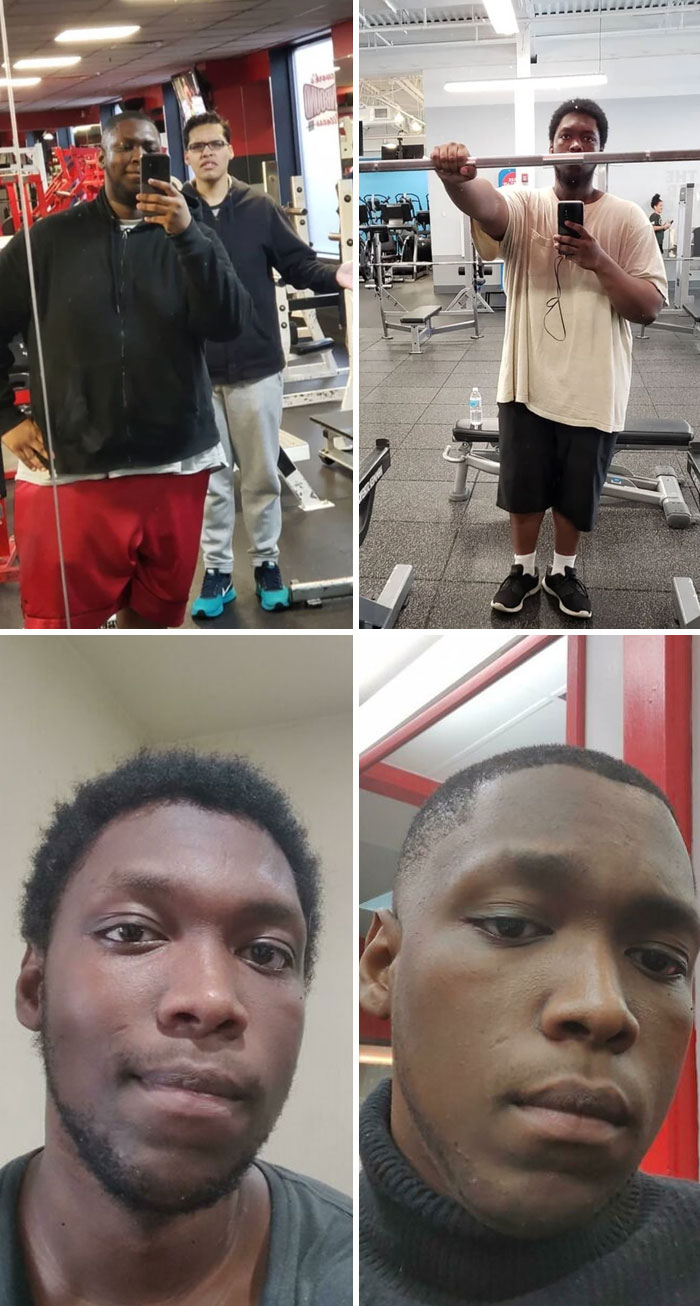 A man's transformation across four stages, highlighting physical changes and the impact on school reunions.