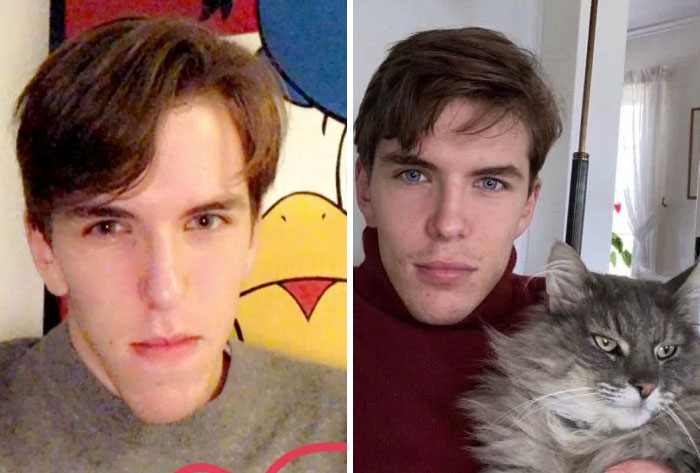 A man's glow-up, with a cat, showing a remarkable transformation that would surprise everyone at reunions.