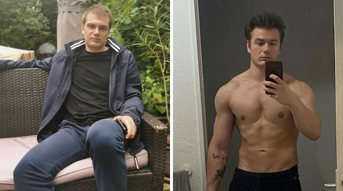 A split image of a man before and after his impressive body transformation, leaving people speechless at reunions.