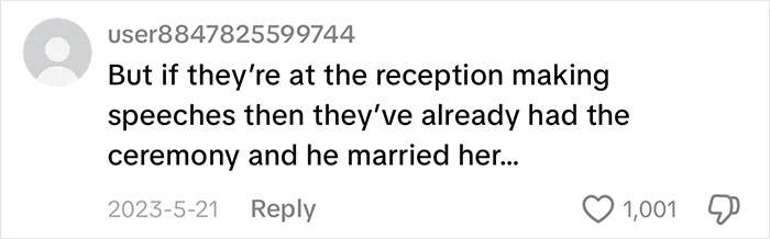 A social media comment from user884782559974 questioning the timing of the groom's speech about bride and best man.