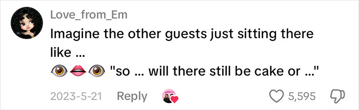A social media comment from Love_from_Em about wedding guests sitting awkwardly, with bride, best man, and groom.