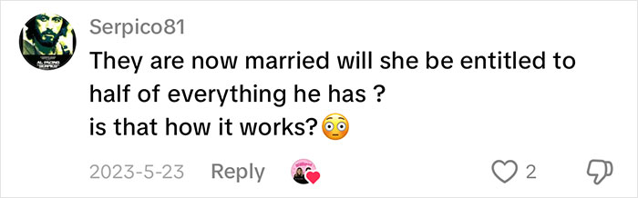 A comment asking if a bride cheating with the best man means she gets half of the groom's assets.