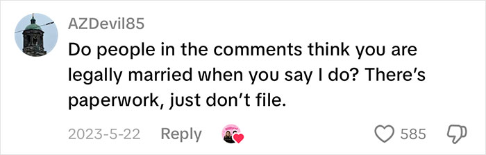 A social media comment from AZDevil85 discussing the legal aspects of marriage after a bride cheats with the best man.
