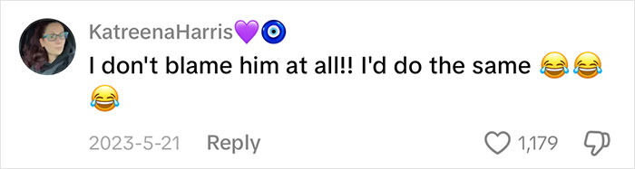 A social media comment from KatreenaHarris supporting the groom's reaction to bride cheating with the best man.