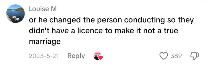 A comment speculating on the groom's plan regarding the bride cheating with best man: he changed the person conducting so they didn't have a licence to make it not a true marriage
