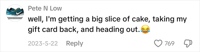 A social media comment from Pete N Low about taking cake and gifts back after the bride cheats with the best man.