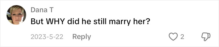 A comment questioning why the groom still married the bride after she cheated with the best man.