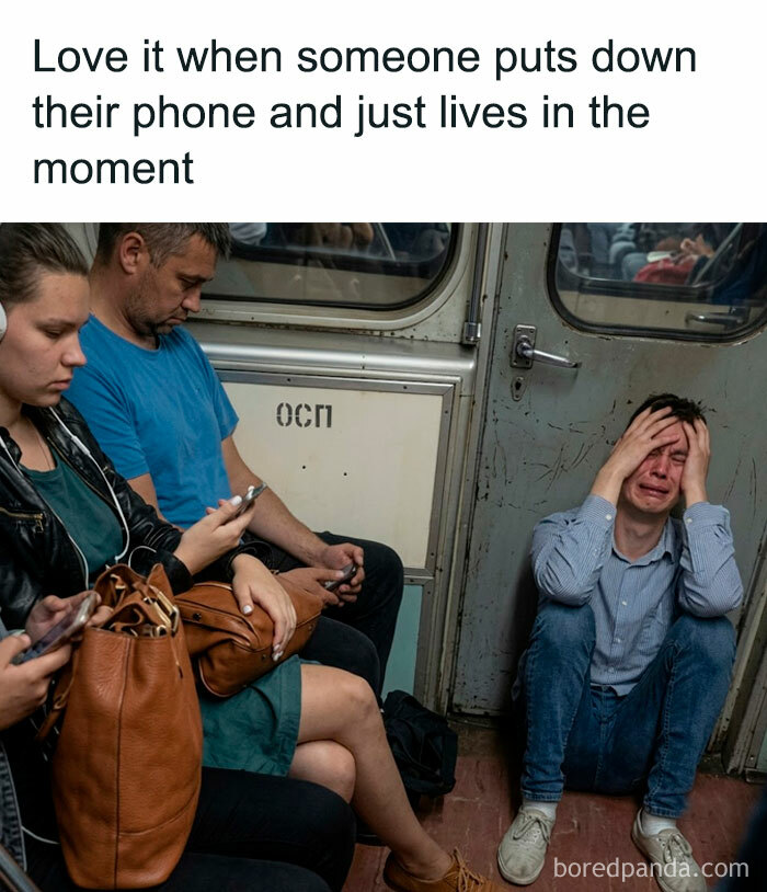 A blursed meme showing people on a subway ignoring a crying man, focused on their phones.