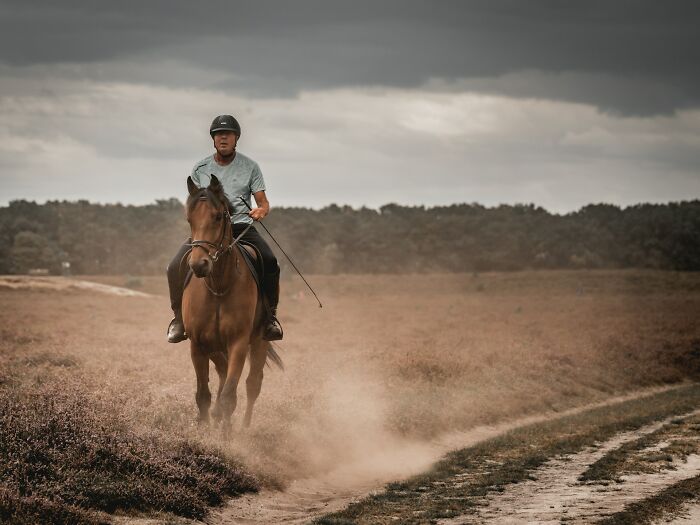 Man riding a horse on a dirt path with an open field. An example of unusual jobs people get hired for.
