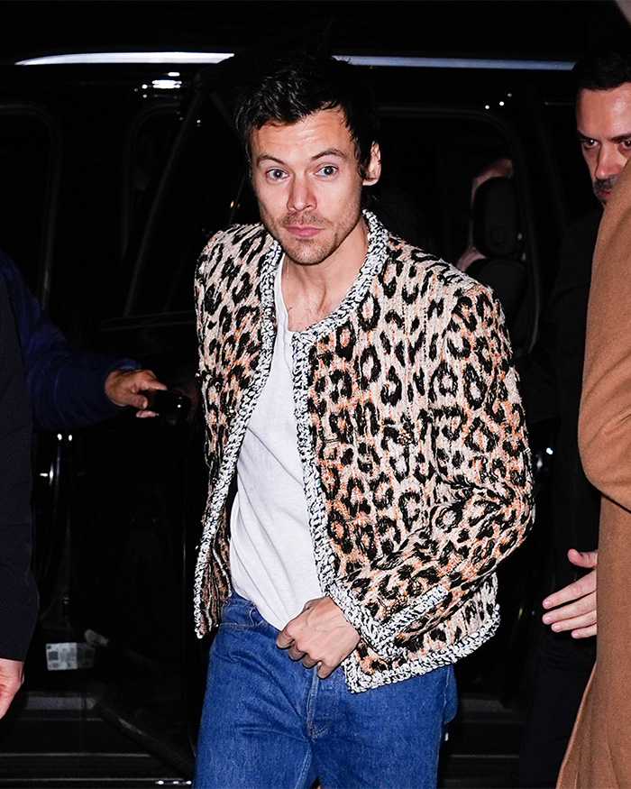 Harry Styles arrives, looking concerned, dressed in a leopard print jacket and jeans.