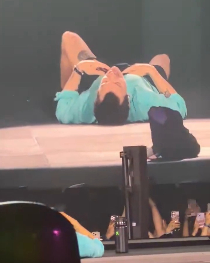 Harry Styles collapsing onstage from heatwave and dehydration during a scorching heatwave.