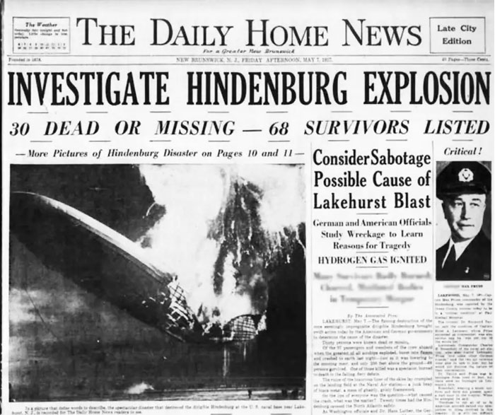 Historical newspaper headline about the Hindenburg explosion, listing d**d, missing, and survivors.