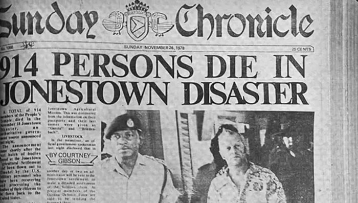 Historical Newspaper Headline: Jonestown Disaster, with photo of people involved, from the front pages