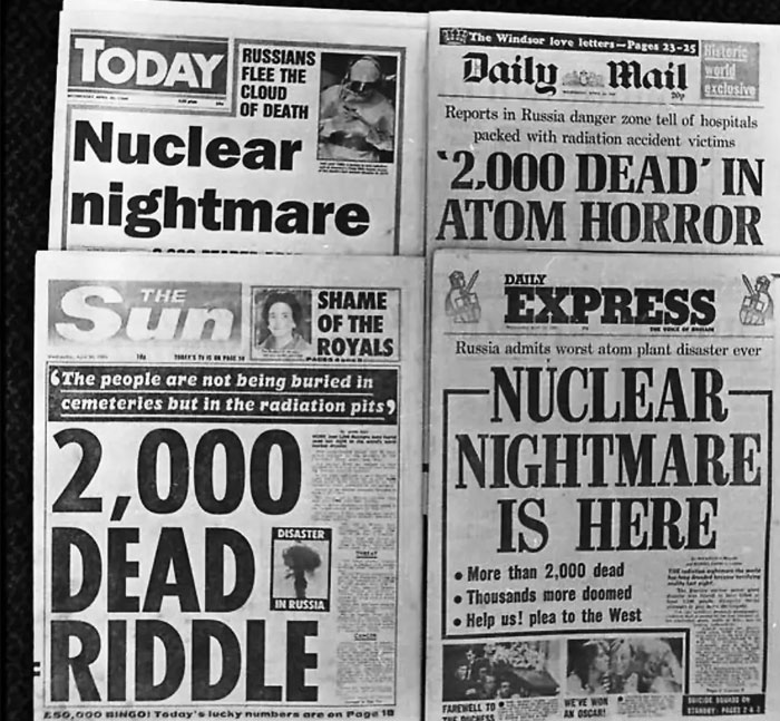 Historical newspaper headlines: Multiple newspapers report a Nuclear nightmare, 2,000 d**d in atom horror, Russia disaster.